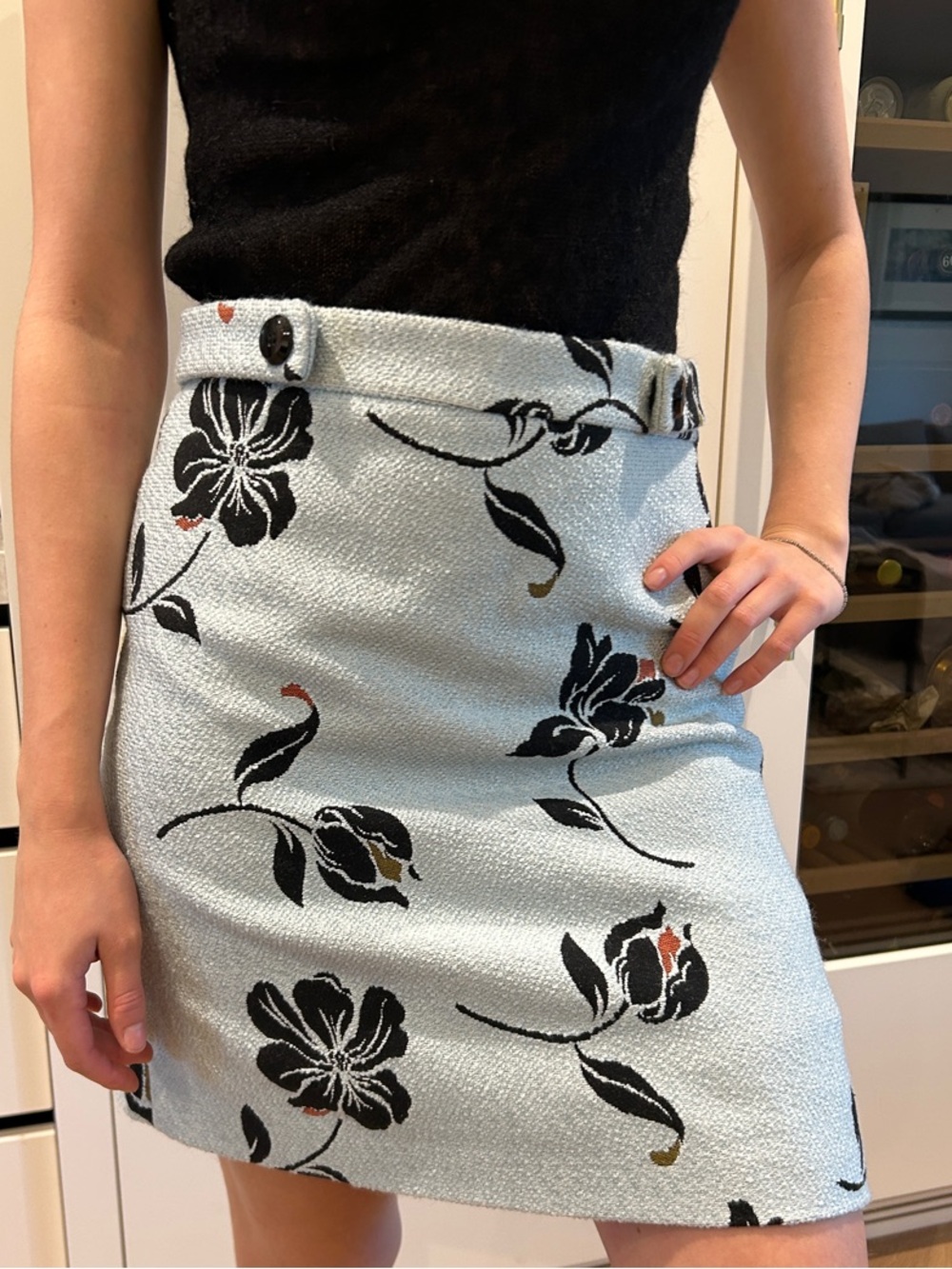 Zara Pale Blue Mini Skirt with Black Floral Print